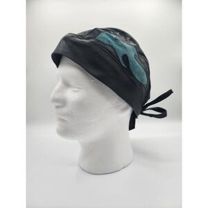 Vintage leather skull cap‎ motorcycle blue flame tie back biker